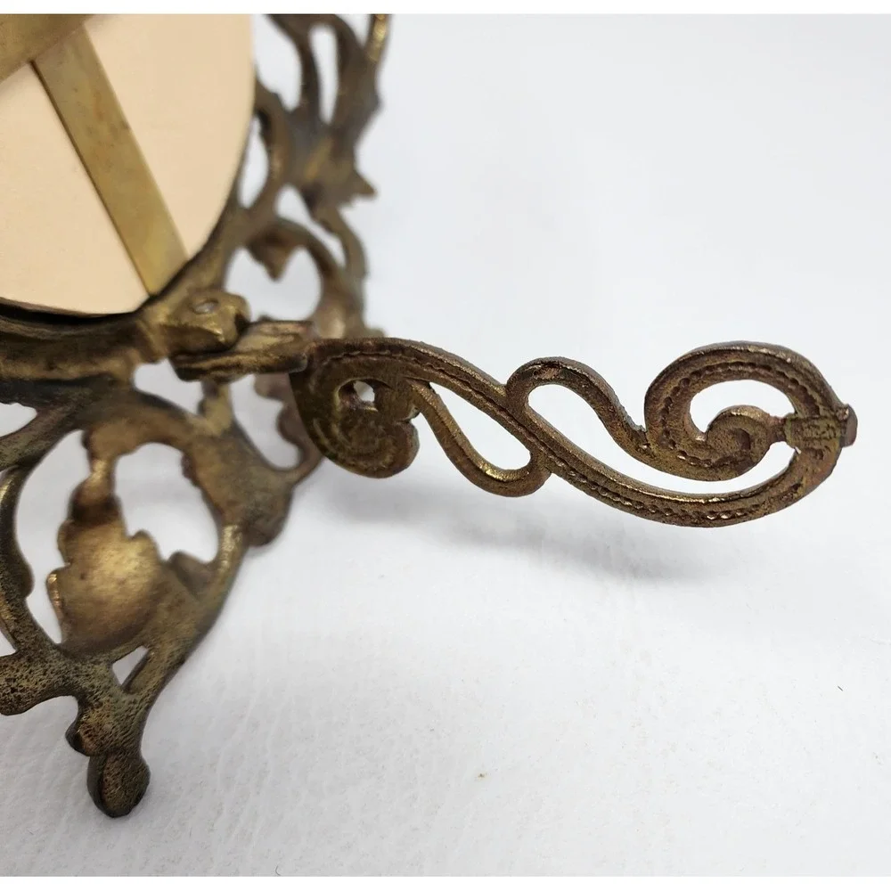 Antique Victorian Cast Metal Brass Oval Picture Frame Swing Easel Filigree 8x10